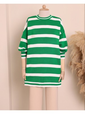 Çizgili Kışlık Tesettür Triko Tunik -Yeşil