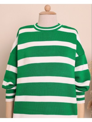 Çizgili Kışlık Tesettür Triko Tunik -Yeşil