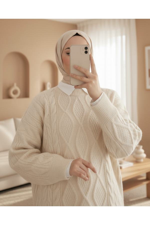 Honeycomb Pattern Loose Knitwear Sweater -Ecru