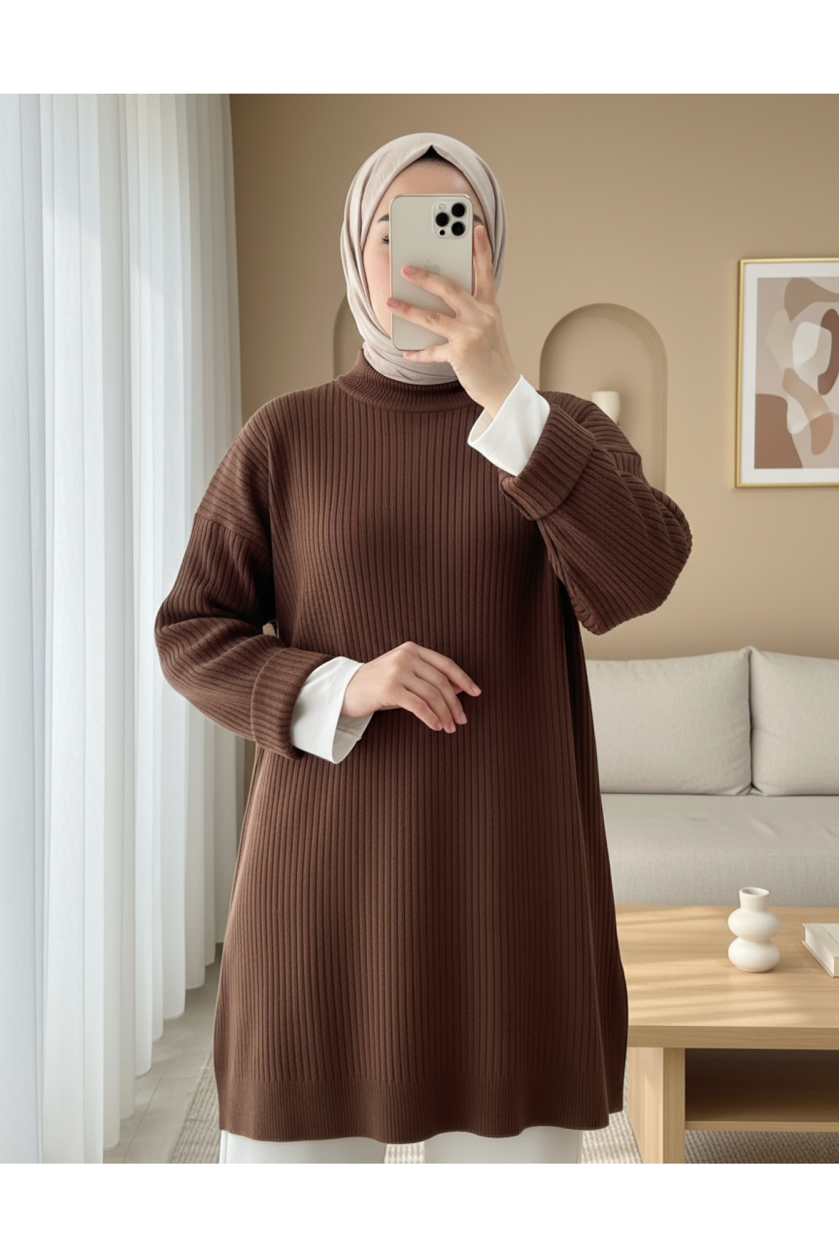 Half Neck Slit Knitwear Tunic  -Brown