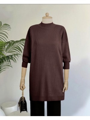 Yarım Boğazlı Yırtmaçlı Triko Tunik  -Kahve