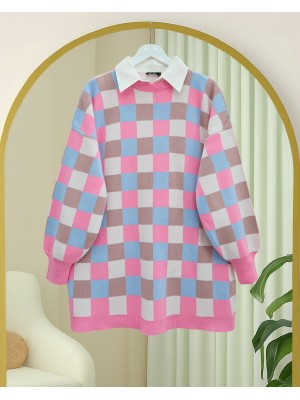 Renkli Kareli Balon Kol Bisiklet Yaka Triko Tunik -Pembe