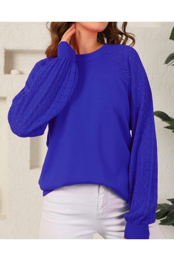  Kolları Ajurlu kadın Triko Kazak -Saks