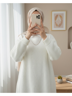 Bisiklet Yaka Baklava Desen Triko Kazak  -Beyaz