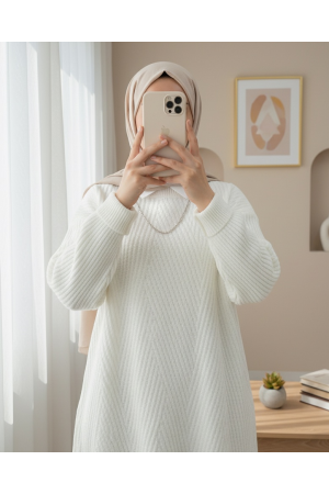 Bisiklet Yaka Baklava Desen Triko Kazak  -Beyaz