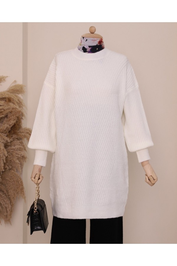Crew Neck Diamond Pattern Knitwear Sweater  -White