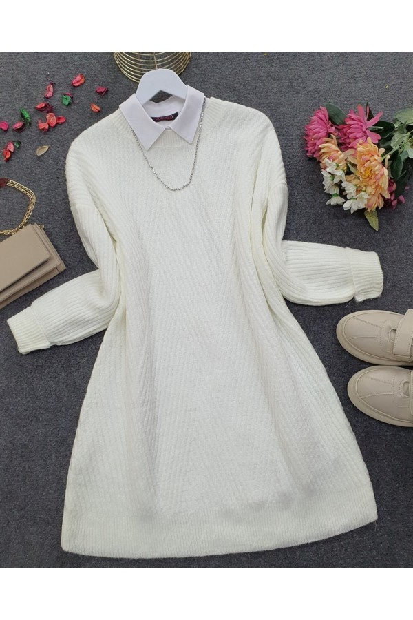 Crew Neck Diamond Pattern Knitwear Sweater  -White