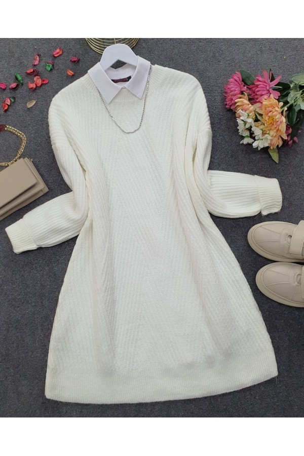 Crew Neck Diamond Pattern Knitwear Sweater  -White
