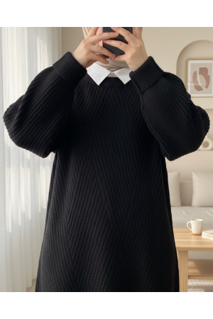 Bisiklet Yaka Baklava Desen Triko Kazak  -Siyah