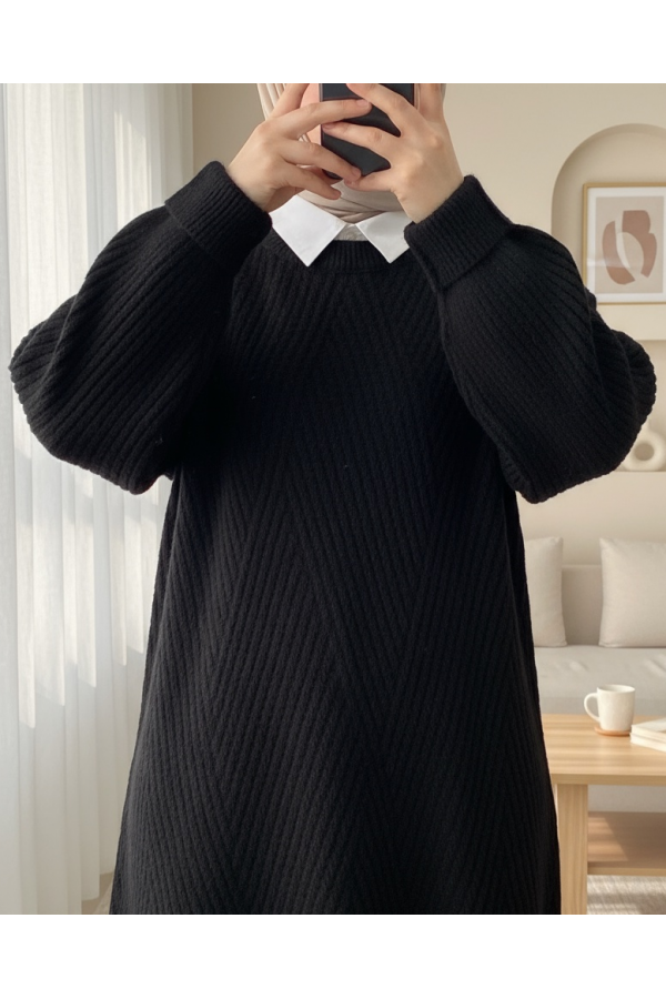 Crew Neck Diamond Pattern Knitwear Sweater  -Black