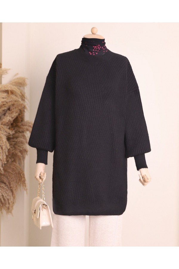 Crew Neck Diamond Pattern Knitwear Sweater  -Black