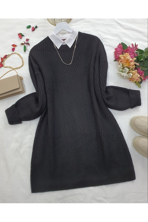 Crew Neck Diamond Pattern Knitwear Sweater  -Black