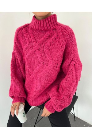 Half Neck Balloon Sleeve Winter Sweater -Fuchsia