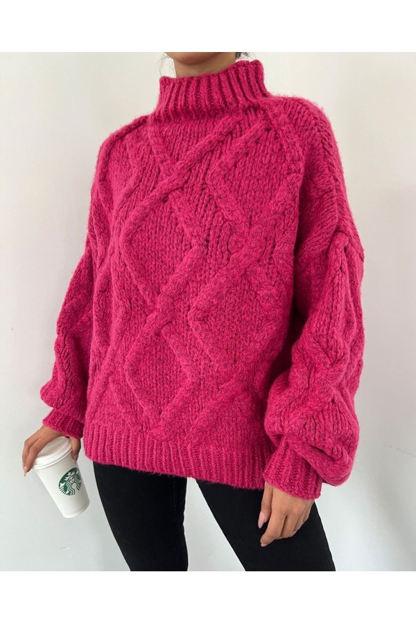Half Neck Balloon Sleeve Winter Sweater -Fuchsia