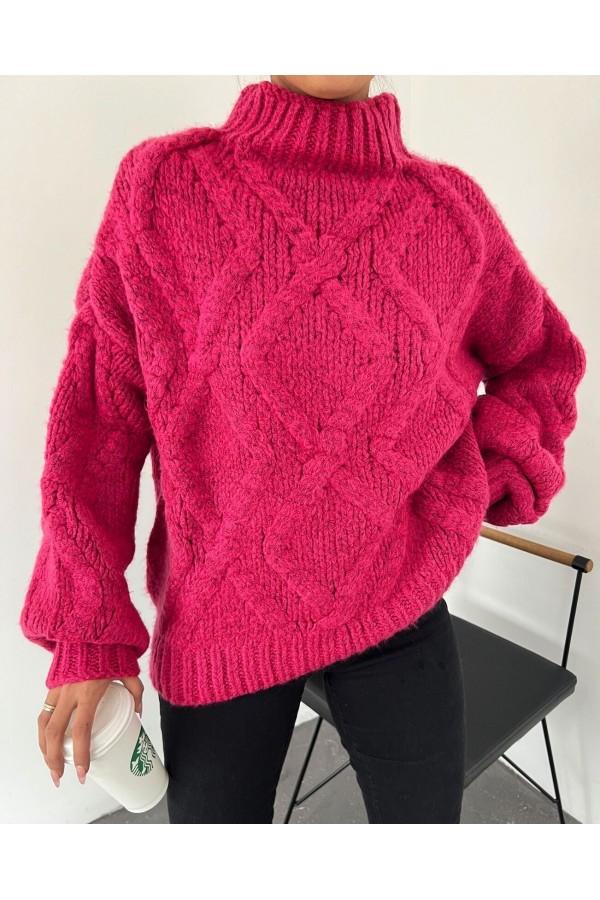 Half Neck Balloon Sleeve Winter Sweater -Fuchsia