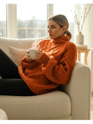 Yarım Boğazlı Balon Kol Kışlık Kazak -Turuncu