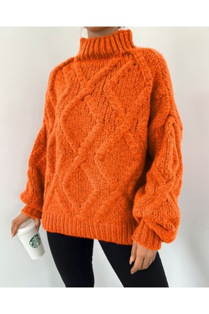 Half Neck Balloon Sleeve Winter Sweater -Orange