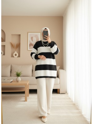 Yarım Boğazlı Çizgili Selanik Örgü Kazak  -Siyah