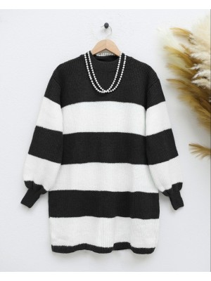 Yarım Boğazlı Çizgili Selanik Örgü Kazak  -Siyah