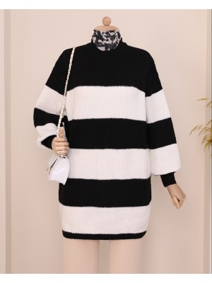 Yarım Boğazlı Çizgili Selanik Örgü Kazak  -Siyah