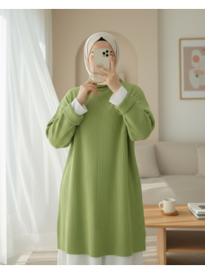 Yarım Boğazlı Yırtmaçlı Triko Tunik   -F.Yeşili