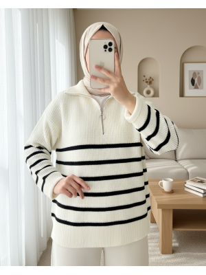 Yarım Fermuarlı Yan Çizgili Triko Kazak -Ekru