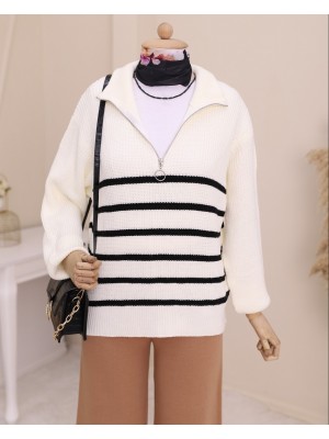 Yarım Fermuarlı Yan Çizgili Triko Kazak -Ekru
