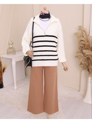 Yarım Fermuarlı Yan Çizgili Triko Kazak -Ekru