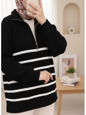 Yarım Fermuarlı Yan Çizgili Triko Kazak -Siyah