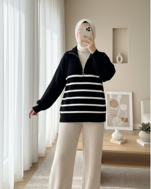 Half Zipper Side Striped Knitwear Sweater -Black