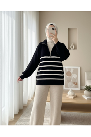 Half Zipper Side Striped Knitwear Sweater -Black