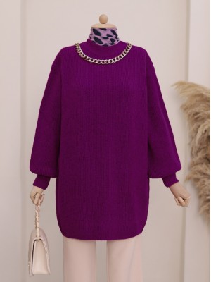 Balon Kol Yumoş Örme Triko Tunik   -Mürdüm