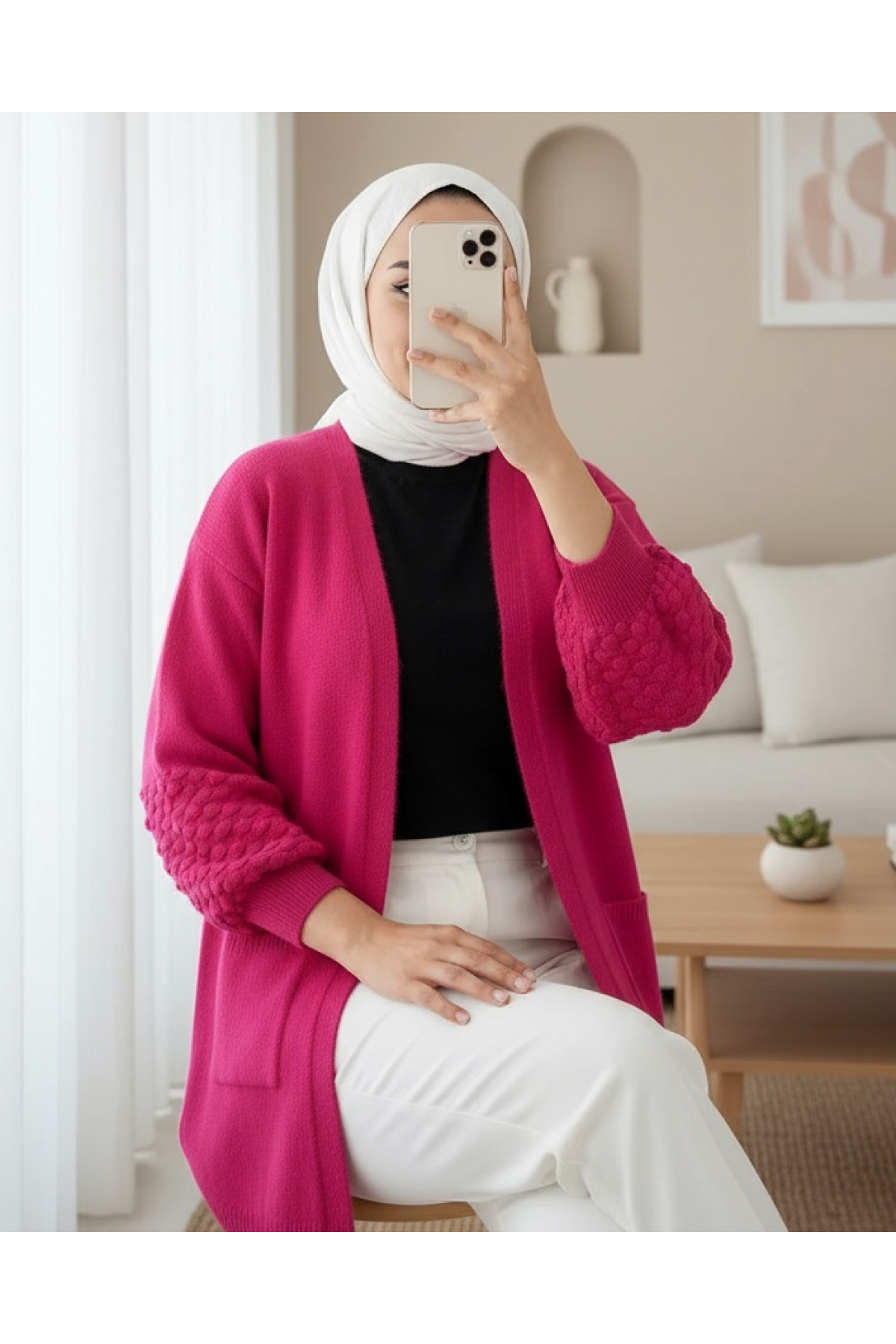 Balloon Sleeve Sleeve Pompom Pocket Cardigan   -Fuchsia