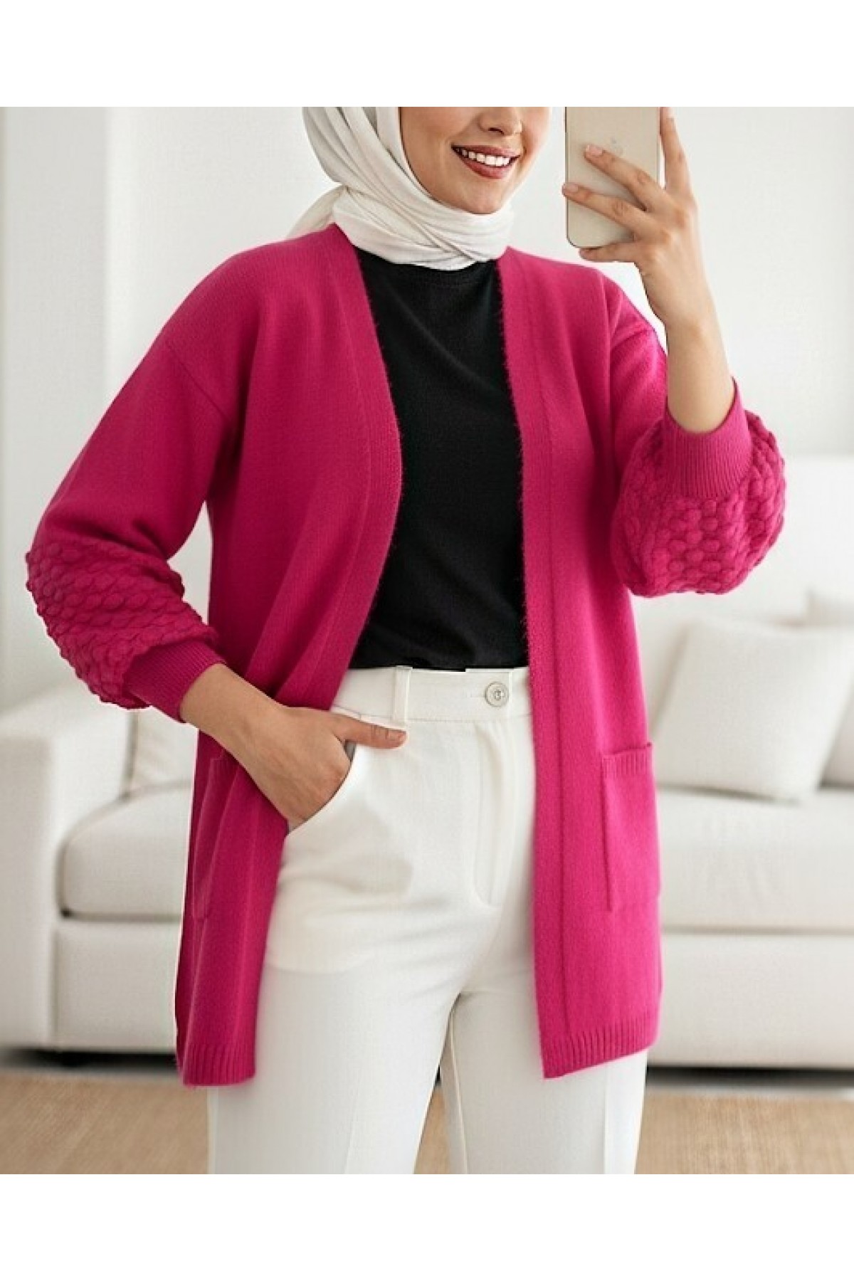 Balloon Sleeve Sleeve Pompom Pocket Cardigan   -Fuchsia