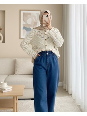 Ponpon Örgü Desen Nakışlı Ajurlu Hırka -Ekru