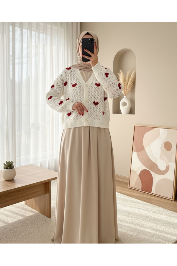 Heart Pattern Buttoned Openwork Knitwear Cardigan -Ecru