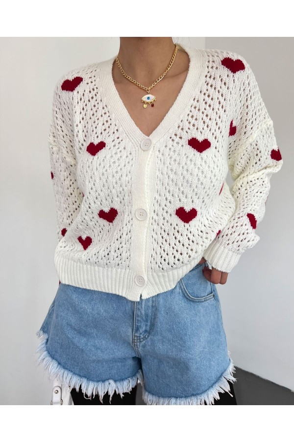 Heart Pattern Buttoned Openwork Knitwear Cardigan -Ecru