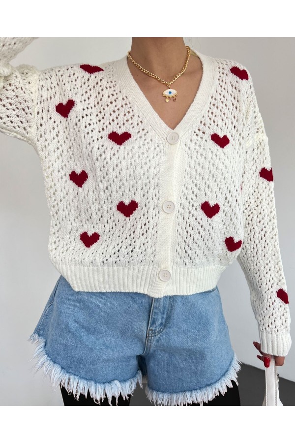 Heart Pattern Buttoned Openwork Knitwear Cardigan -Ecru