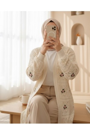 Ajurlu Nakışlı Hırka   -Krem
