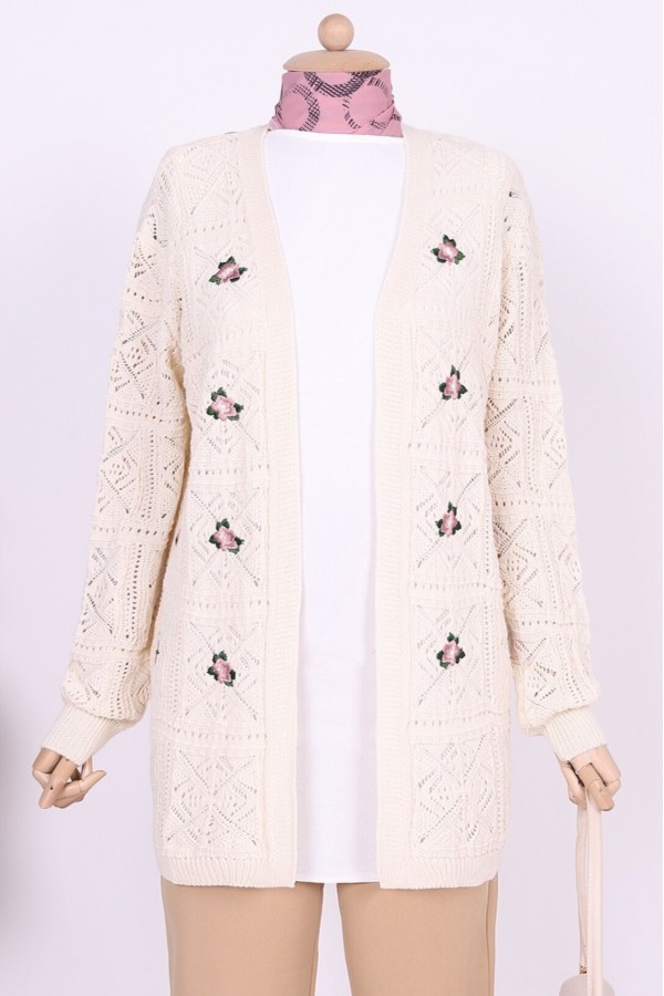 Openwork Embroidered Cardigan   -Cream color