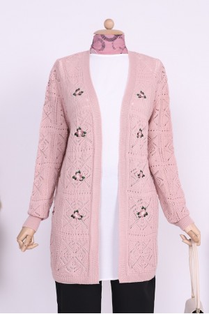 Ajurlu Nakışlı Hırka   -Pudra