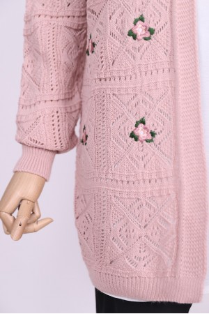 Ajurlu Nakışlı Hırka   -Pudra