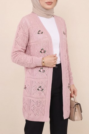 Ajurlu Nakışlı Hırka   -Pudra
