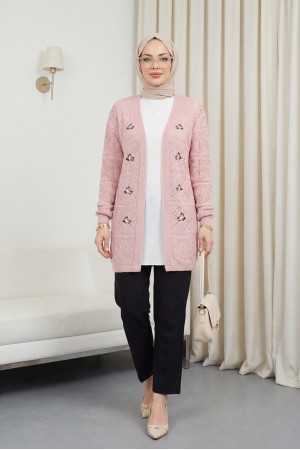 Ajurlu Nakışlı Hırka   -Pudra