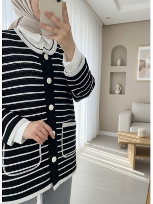 Yuvarlak Yaka Sim Çizgili Düğmeli Hırka -Siyah