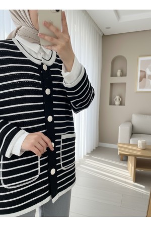 Yuvarlak Yaka Sim Çizgili Düğmeli Hırka -Siyah