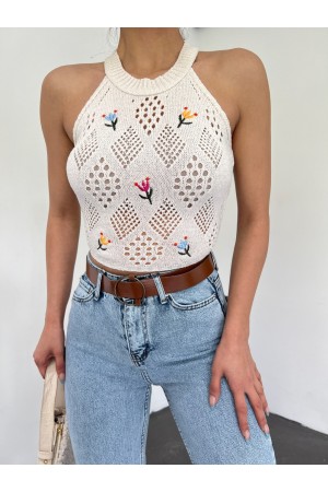 مخرمة مطرزة بدون أكمام تريكو المحاصيل -لون كريمي
