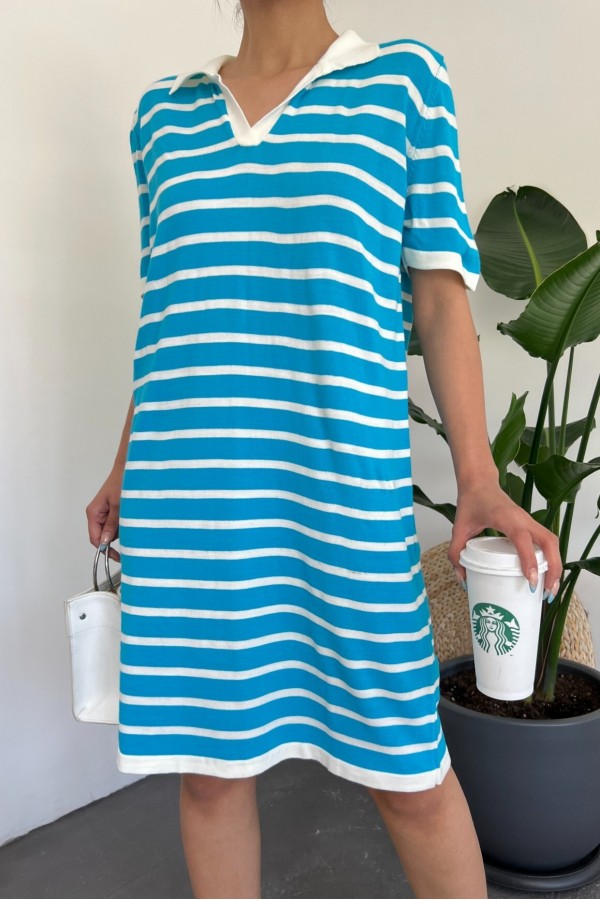 Polo Neck Striped Knitwear Mini Dress -Blue