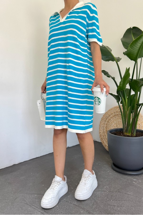 Polo Neck Striped Knitwear Mini Dress -Blue
