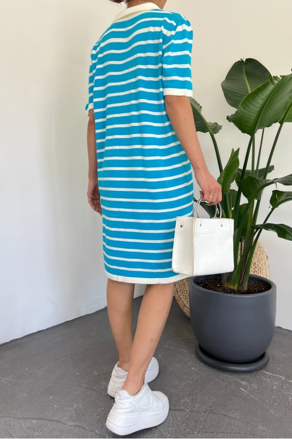 Polo Neck Striped Knitwear Mini Dress -Blue
